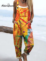 Women's Abstract Patchwork Pattern Art Print Casual 100% Cotton Wide Leg Jumpsuit