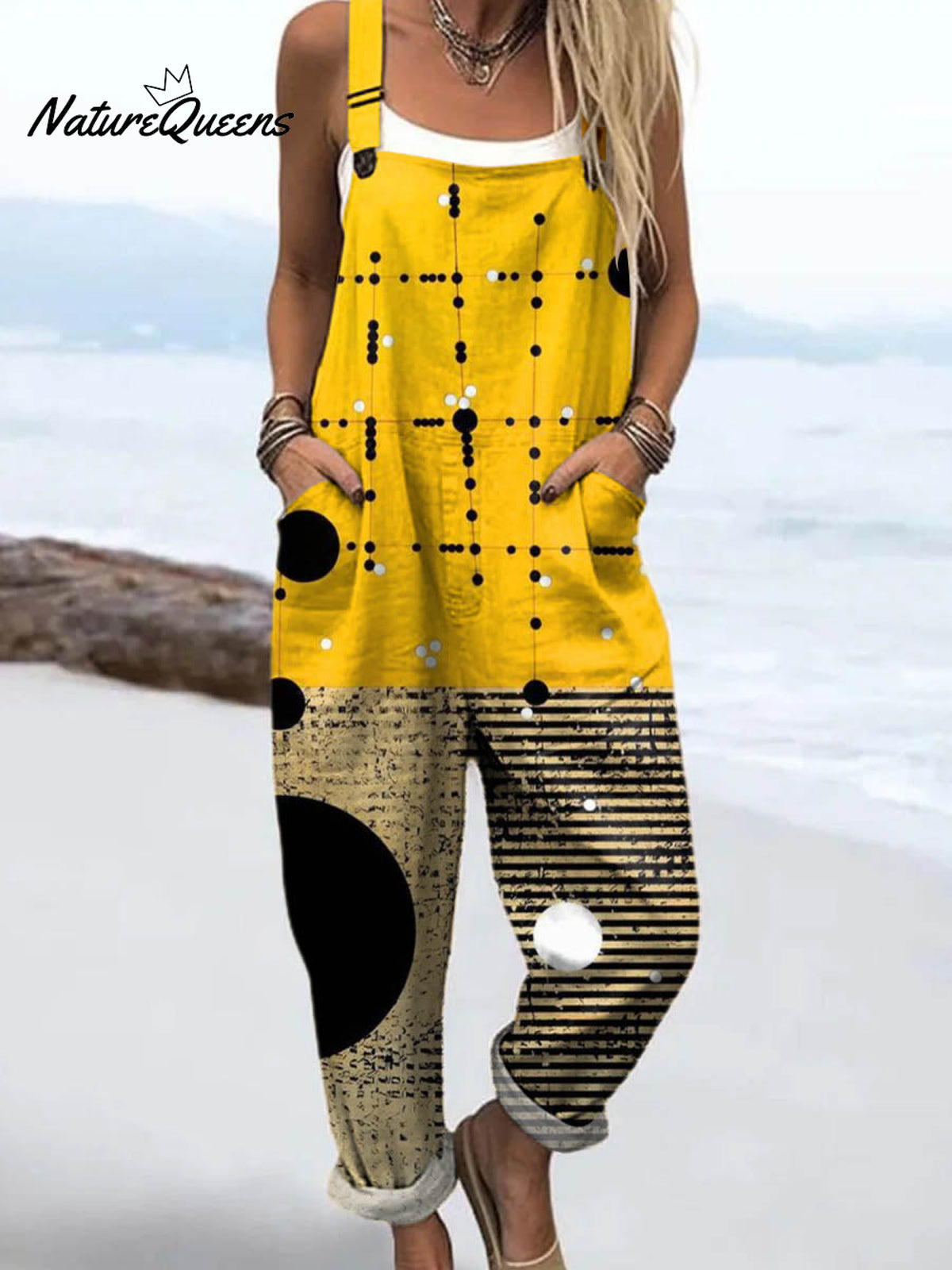 Women's Geometric Pattern Art Print Casual 100% Cotton Wide Leg Jumpsuit