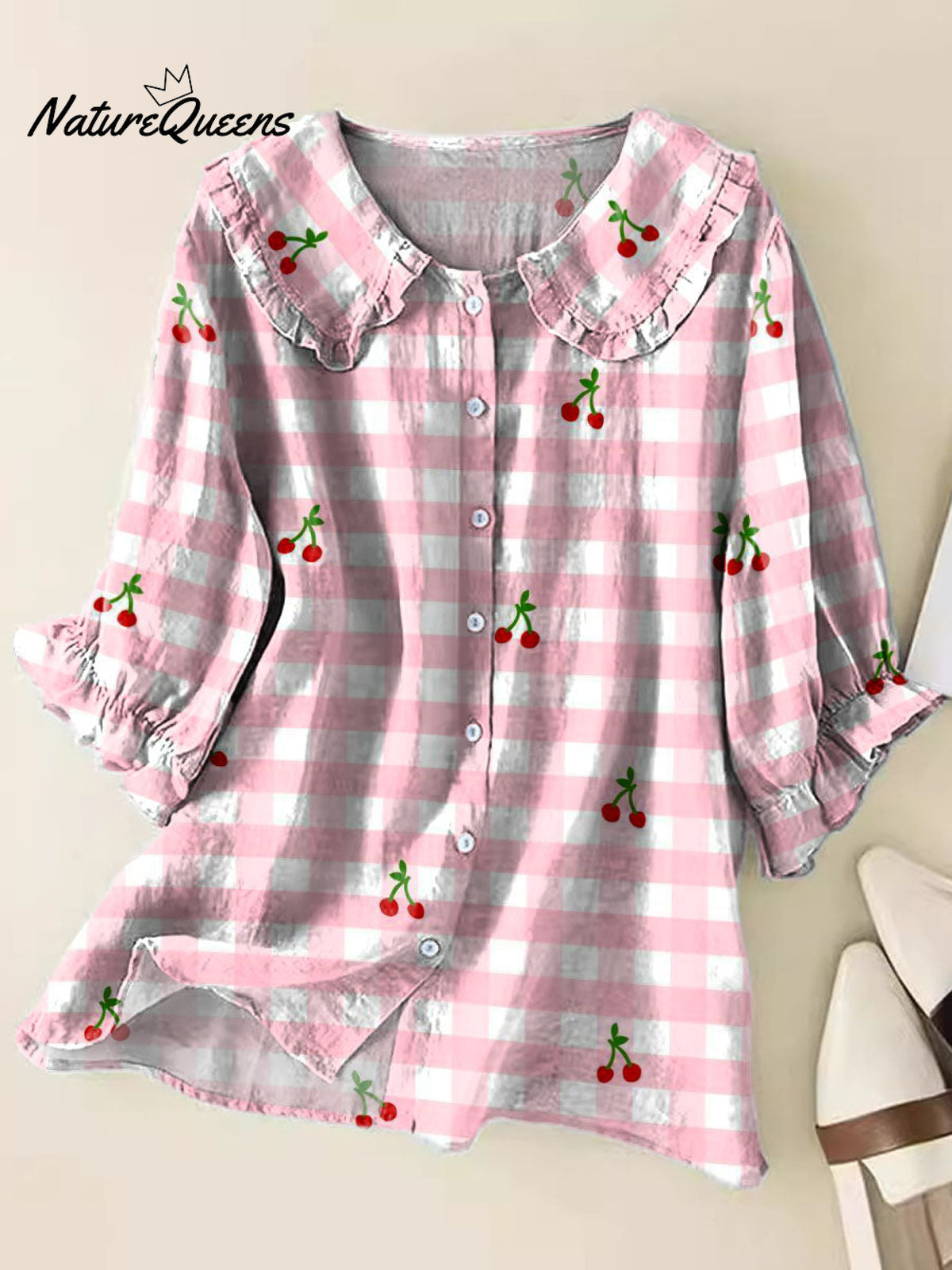 Women's Lovely Cherry Plaid Pattern Art Print Loose Peter Pan Collar Half Sleeve Blouses