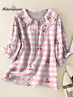Women's Lovely Cherry Plaid Pattern Art Print Loose Peter Pan Collar Half Sleeve Blouses