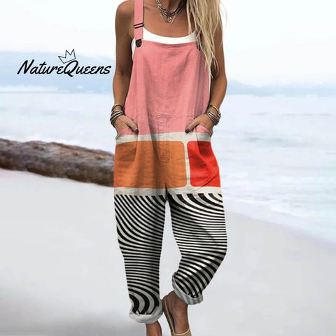 Women's Abstract Geometric Line Pattern Art Print Casual 100% Cotton Wide Leg Jumpsuit