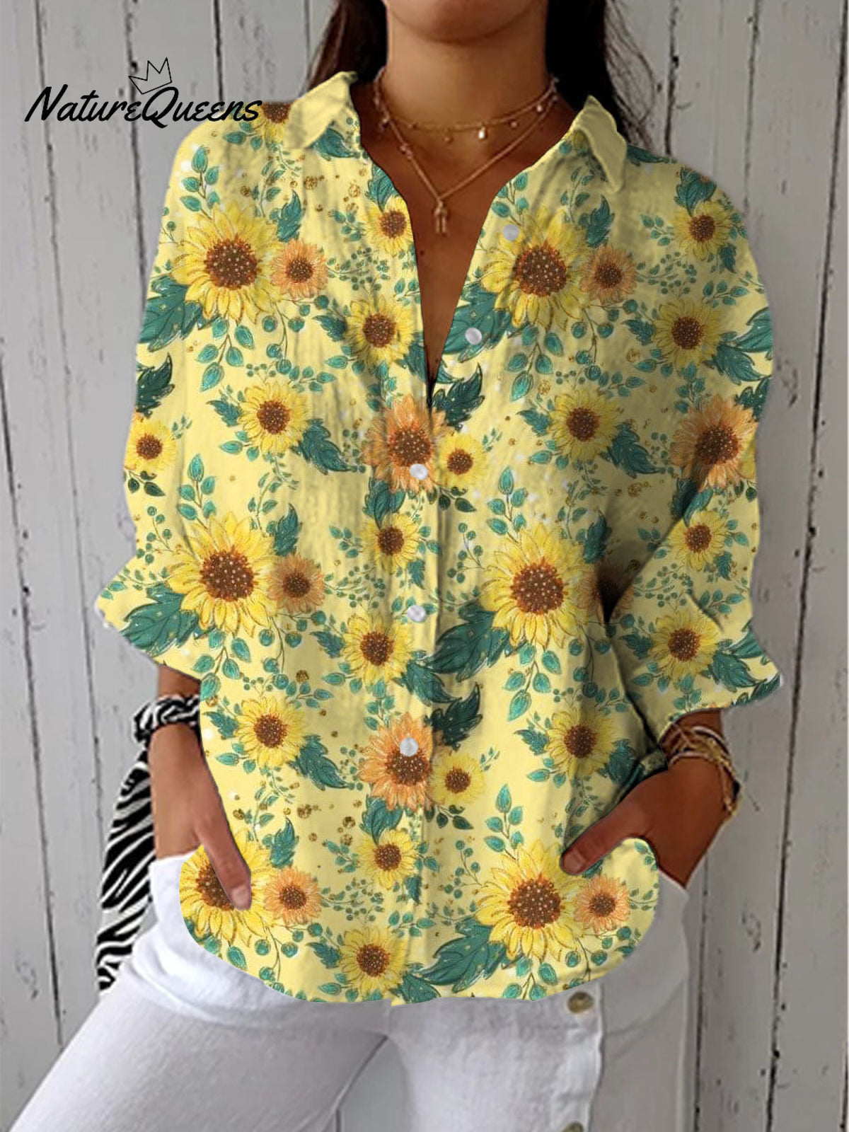 Women's Lovely Sunflowers Art Print Casual Cotton Linen V-neck Shirt