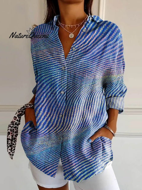 Women's Abstract Line Pattern Art Print Casual Cotton Shirt