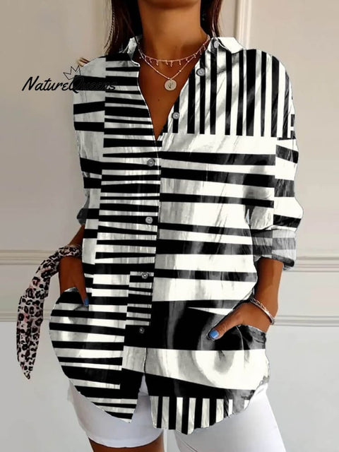 Women's Abstract Geometric Pattern Art Print Casual Cotton Shirt