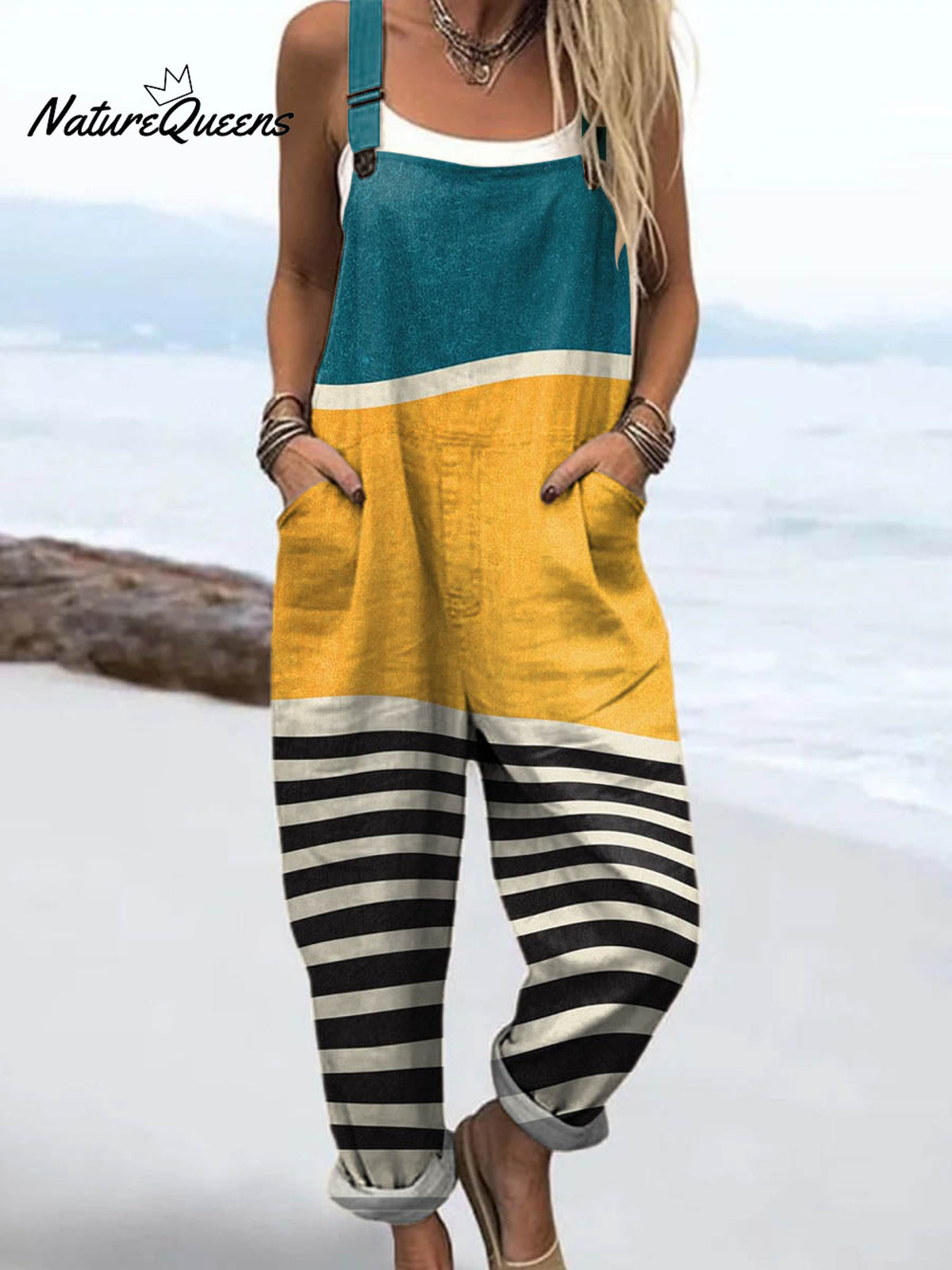 Women's Abstract Geometric Line Pattern Art Print Casual 100% Cotton Wide Leg Jumpsuit