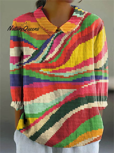Women's Abstract Pattern Art Print Casual Cotton And Linen 3/4 Sleeve Shirt