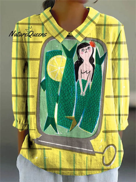 Women's Lovely Mermaid Fish Pattern Art Print Casual Cotton And Linen 3/4 Sleeve Shirt