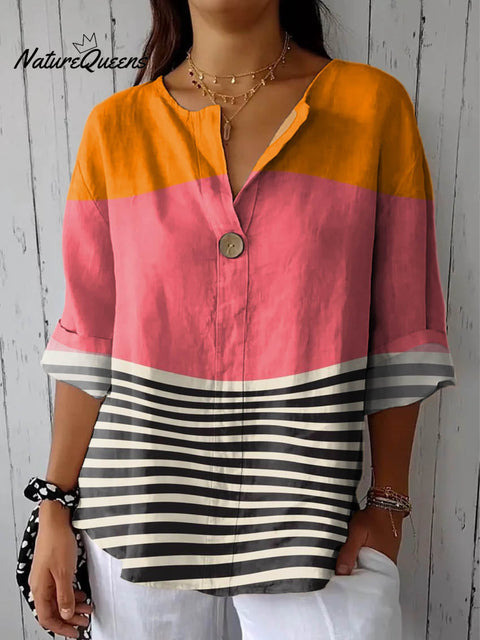 Women's Abstract Line Pattern Art Print Casual Cotton Linen Shirt