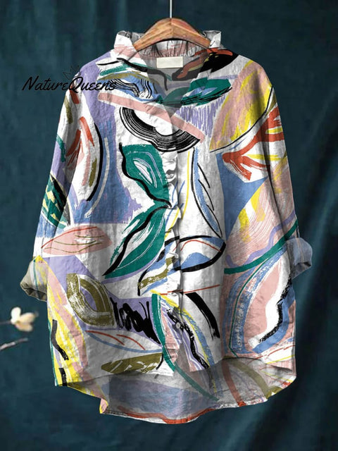 Women's Lovely Floral Art Print Casual Cotton And Linen Ruffle Shirt