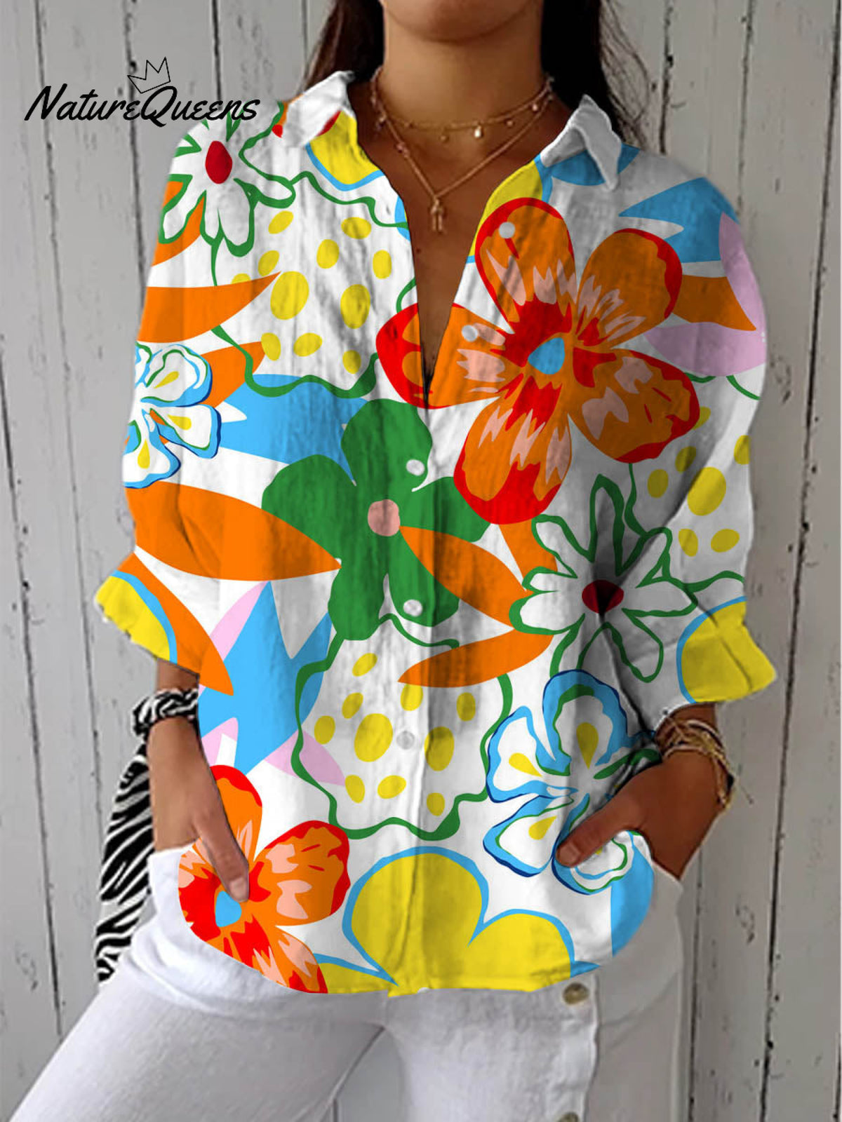 Women's Lovely Floral Art Print Casual Cotton Linen V-neck Shirt