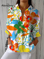 Women's Lovely Floral Art Print Casual Cotton Linen V-neck Shirt