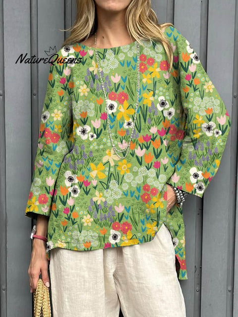 Women's Lovely Floral Art Print Casual Cotton Linen Shirt