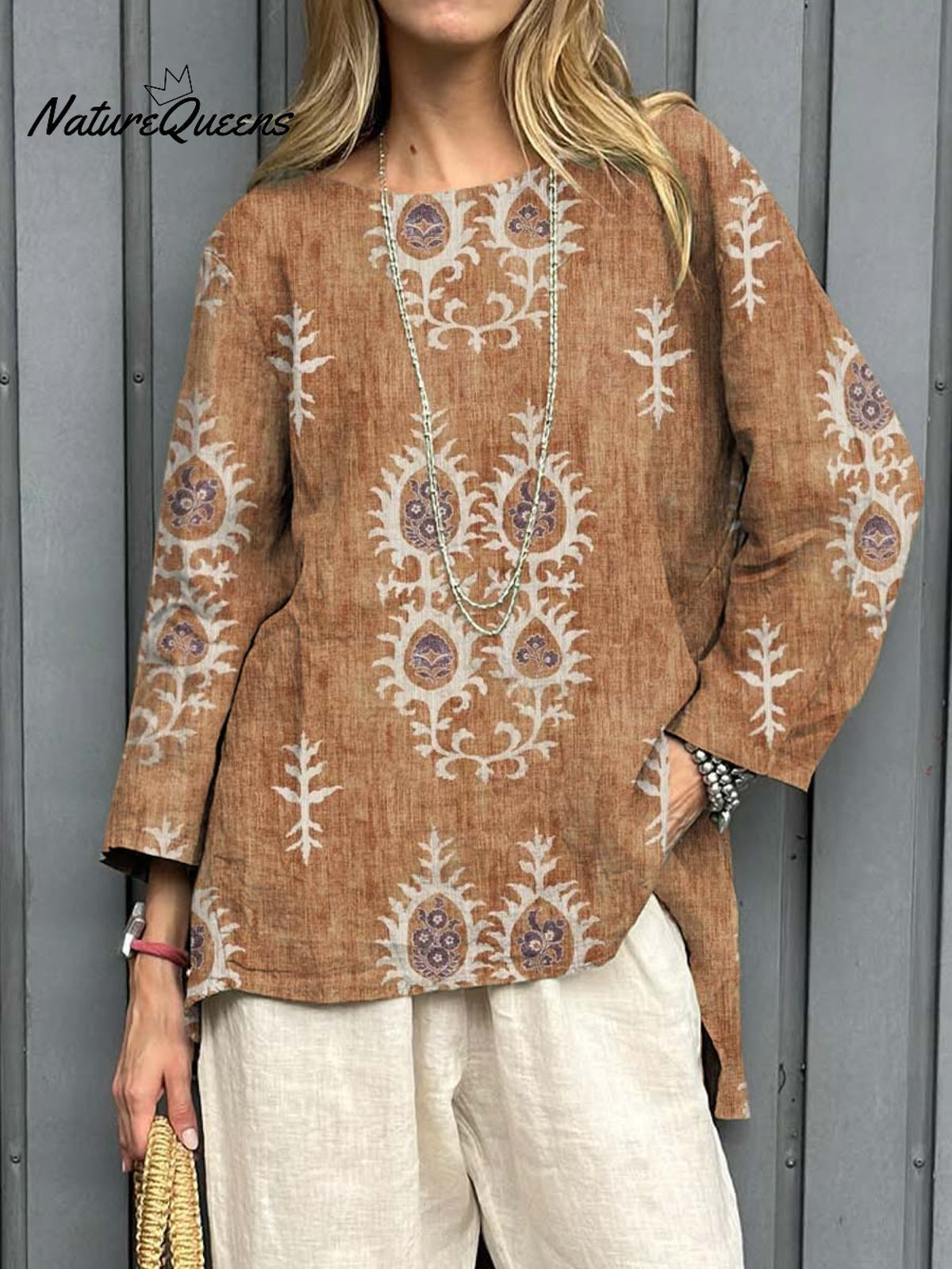 Women's Vintage Ethnic Pattern Art Print Casual Cotton Linen Shirt