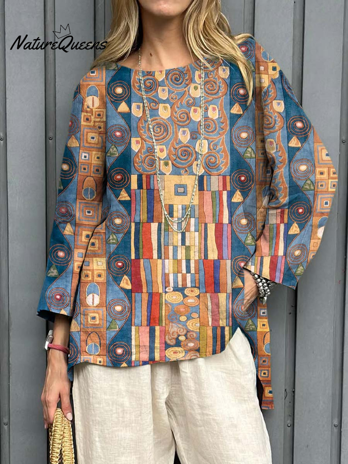 Women's Abstract Geometric Pattern Art Print Casual Cotton Linen Shirt