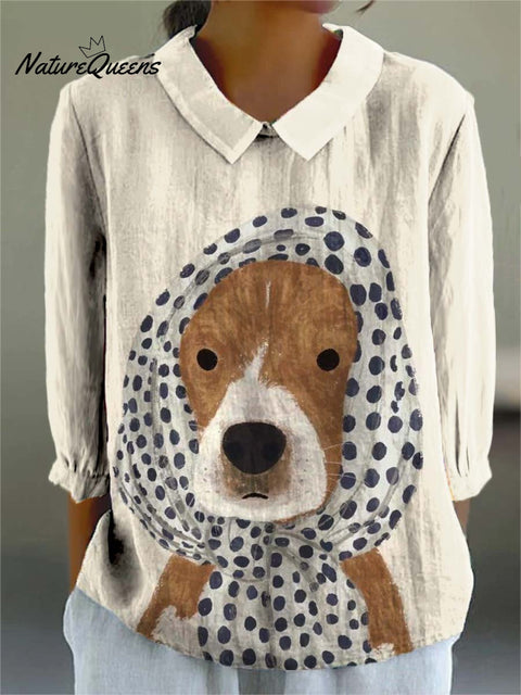 Women's Lovely Dog Art Print Casual Cotton And Linen 3/4 Sleeve Shirt