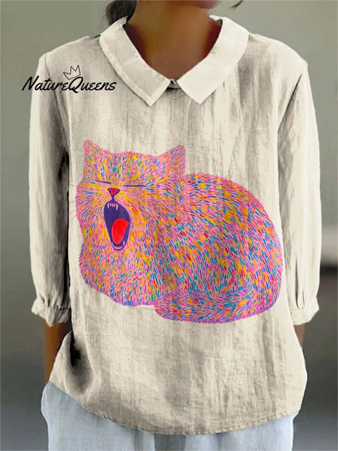 Women's Lovely Cat Art Print Casual Cotton And Linen 3/4 Sleeve Shirt