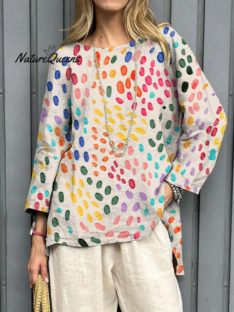 Women's Abstract Dot Pattern Art Print Casual Cotton Linen Shirt