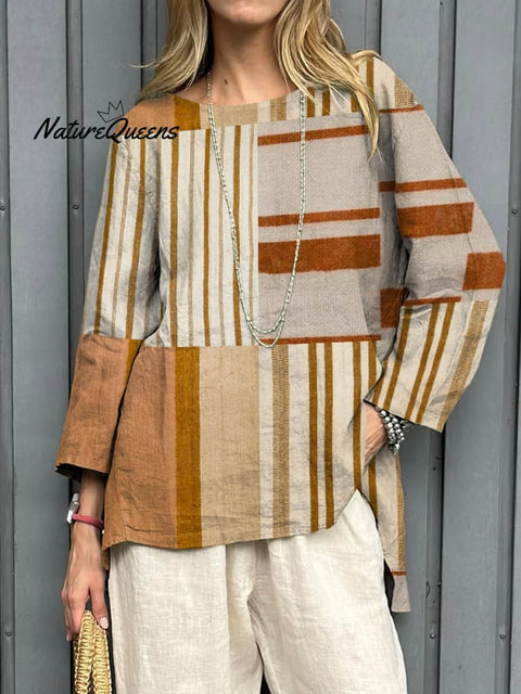 Women's Abstract Geometric Pattern Art Print Casual Cotton Linen Shirt