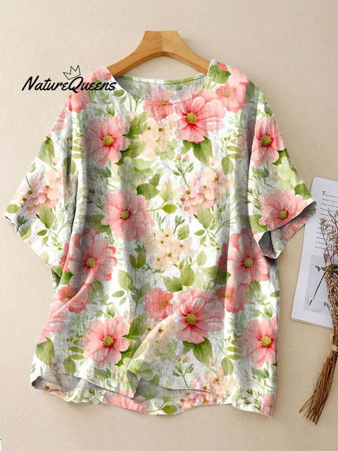 Women's Lovely Floral Art Print Casual Cotton Linen Crew Neck Shirt