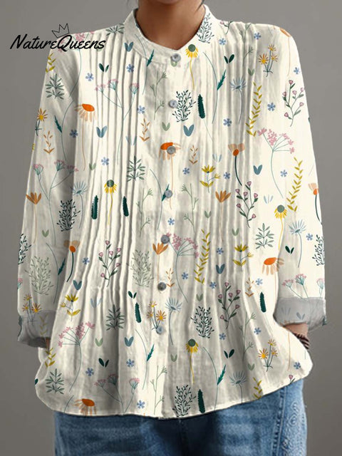 Women's Lovely Floral Art Print Casual Cotton And Linen Shirt