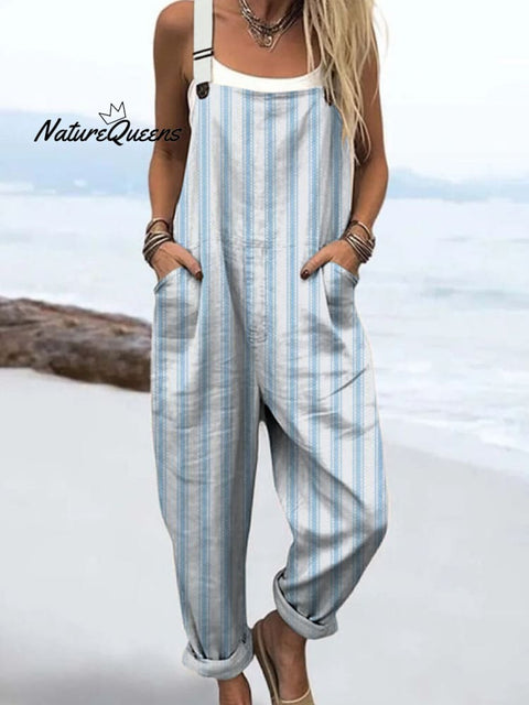 Women's Geometric Line Pattern Art Print Casual 100% Cotton Wide Leg Jumpsuit