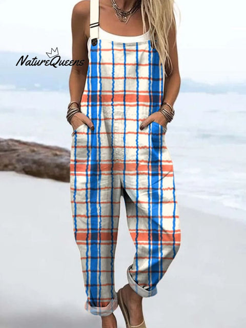 Women's Geometric Plaid Pattern Art Print Casual 100% Cotton Wide Leg Jumpsuit