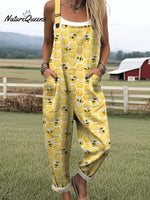 Women's Lovely Bees Art Print Casual 100% Cotton Wide Leg Jumpsuit