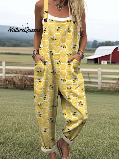 Women's Lovely Bees Art Print Casual 100% Cotton Wide Leg Jumpsuit