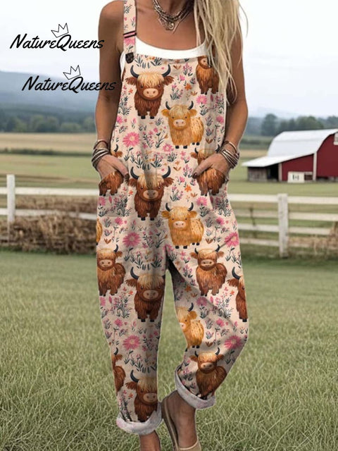 Women's Flying Bees Embroidery Pattern Casual Cotton Wide Leg Jumpsuit