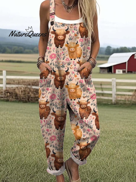 Women's Lovely Cow Pattern Art Print Casual 100% Cotton Wide Leg Jumpsuit