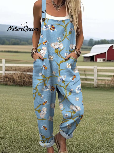 Women's Lovely Floral Bees Art Print Casual 100% Cotton Wide Leg Jumpsuit