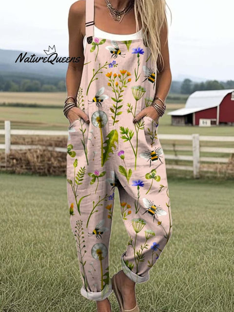 Women's Lovely Floral Bees Art Print Casual 100% Cotton Wide Leg Jumpsuit