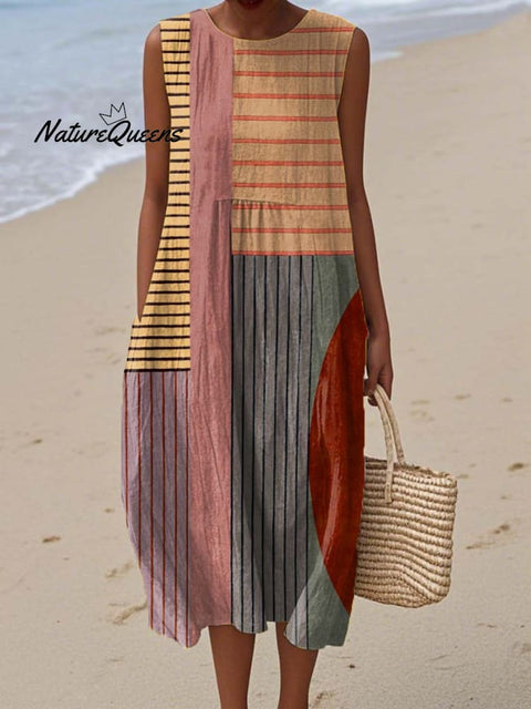 Women's Abstract Geometric Pattern Art Print Sleeveless Cotton Pocket Wrap Dress