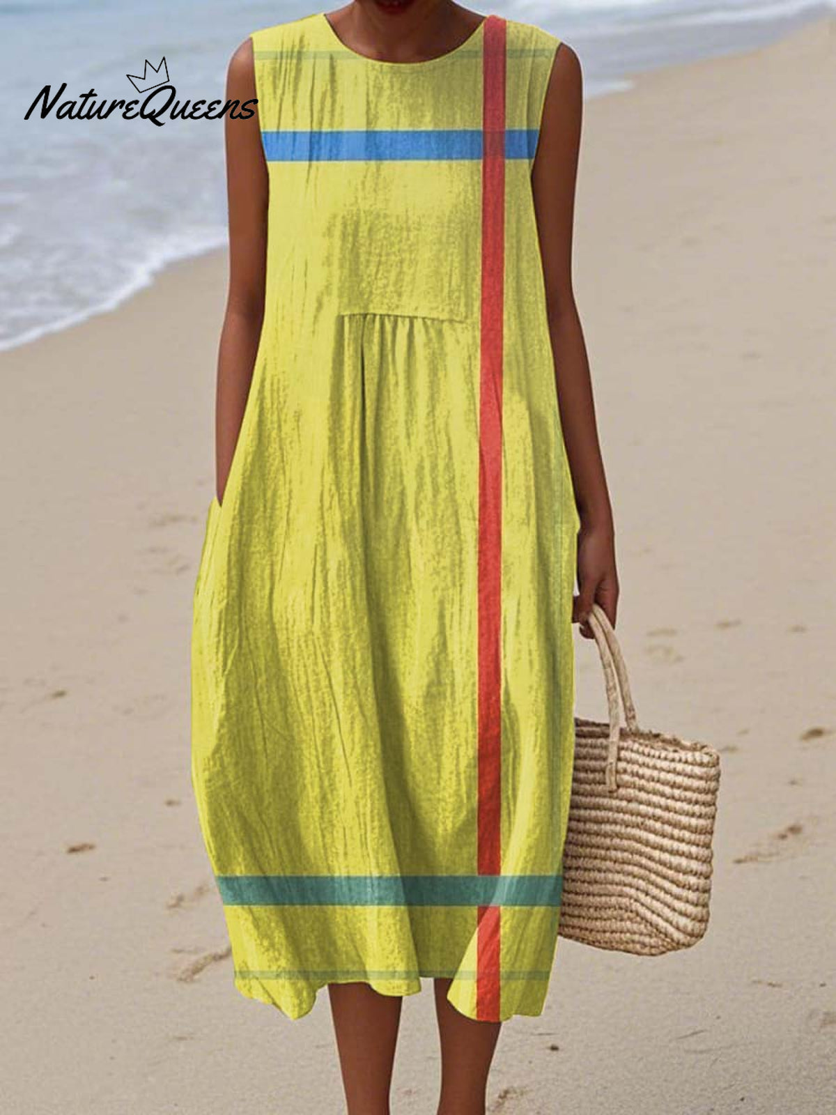 Women's Abstract Geometric Pattern Art Print Sleeveless Cotton Pocket Wrap Dress