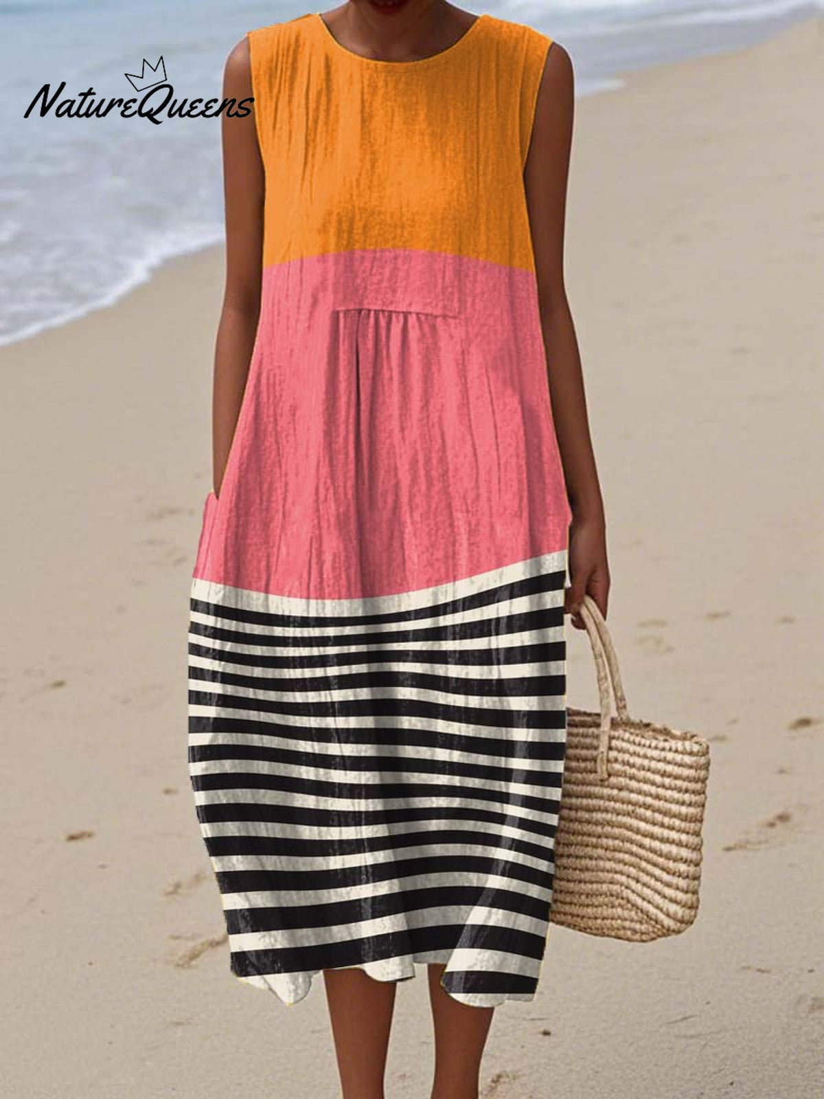 Women's Abstract Line Pattern Art Print Sleeveless Cotton Pocket Wrap Dress