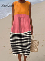 Women's Abstract Line Pattern Art Print Sleeveless Cotton Pocket Wrap Dress