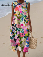 Women's Lovely Floral Pattern Art Print Sleeveless Cotton Pocket Wrap Dress