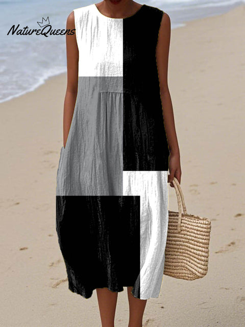 Women's Abstract Geometric Pattern Art Print Sleeveless Cotton Pocket Wrap Dress