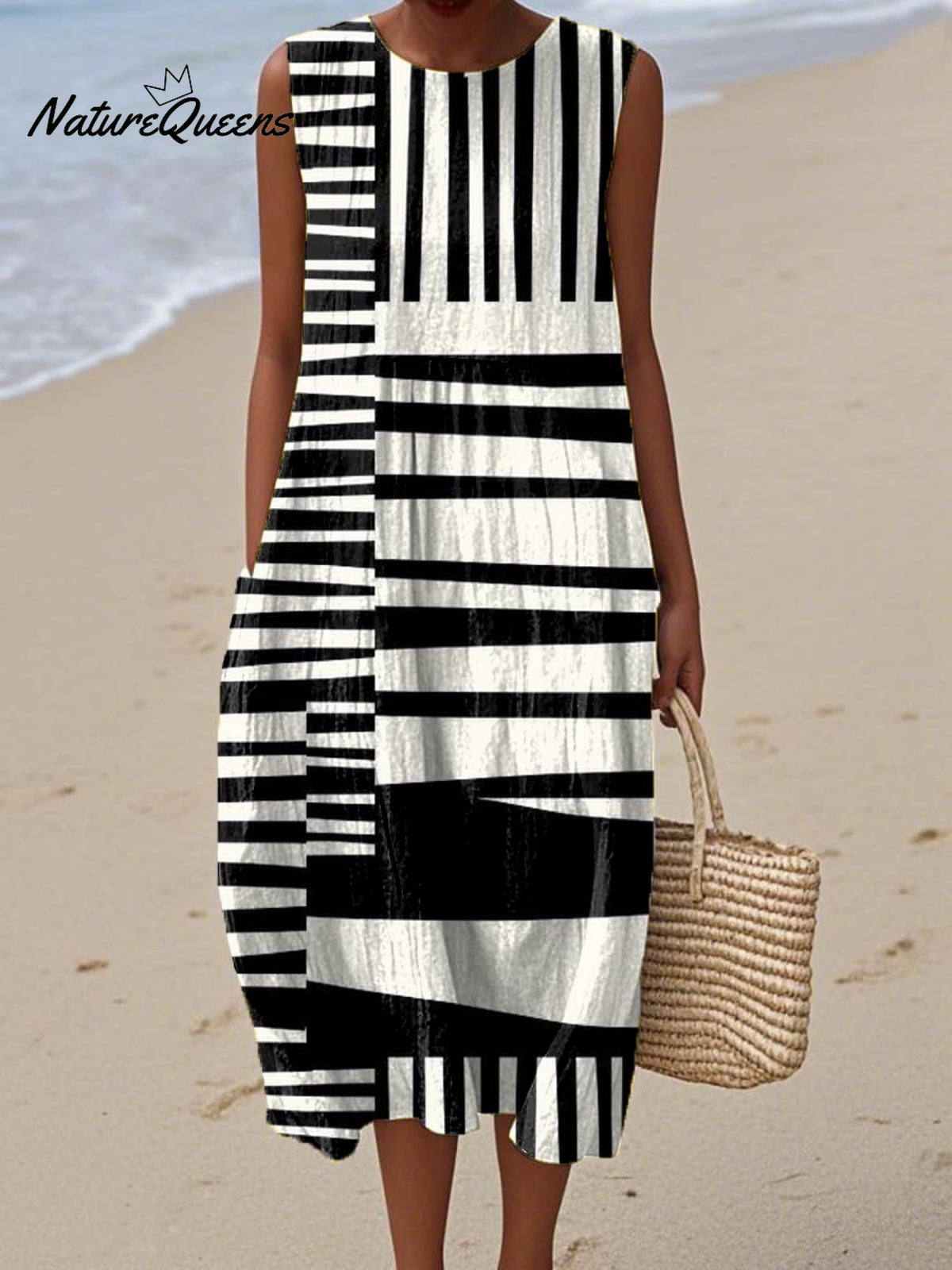 Women's Abstract Geometric Pattern Art Print Sleeveless Cotton Pocket Wrap Dress