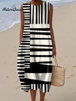 Women's Abstract Geometric Pattern Art Print Sleeveless Cotton Pocket Wrap Dress