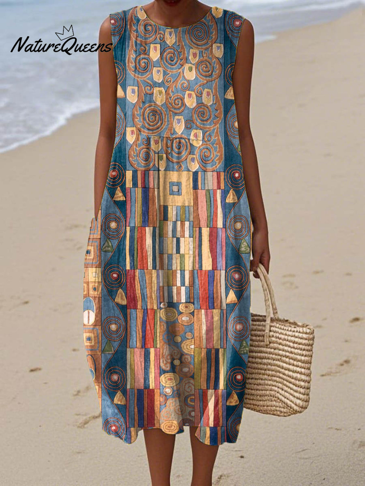 Women's Abstract Geometric Pattern Art Print Sleeveless Cotton Pocket Wrap Dress