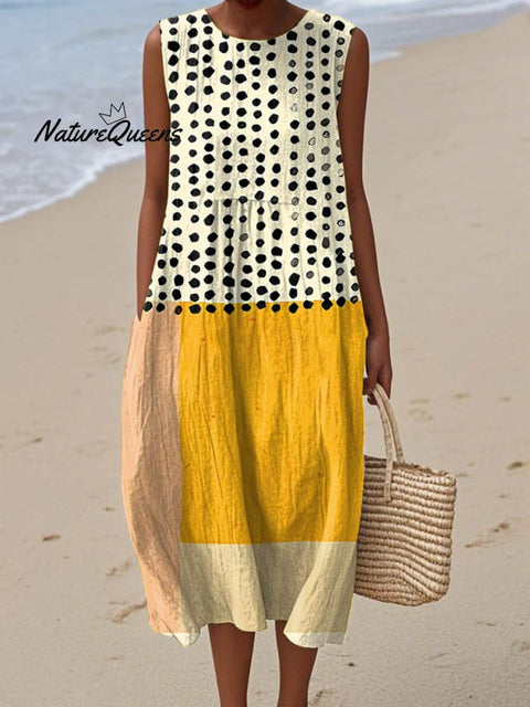 Women's Abstract Geometric Dot Pattern Art Print Sleeveless Cotton Pocket Wrap Dress