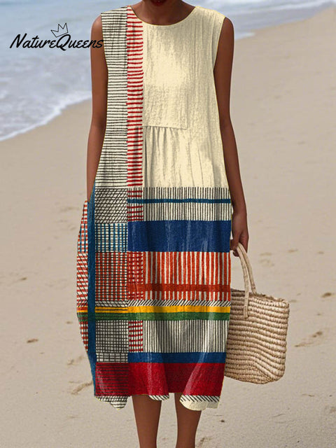 Women's Abstract Geometric Pattern Art Print Sleeveless Cotton Pocket Wrap Dress