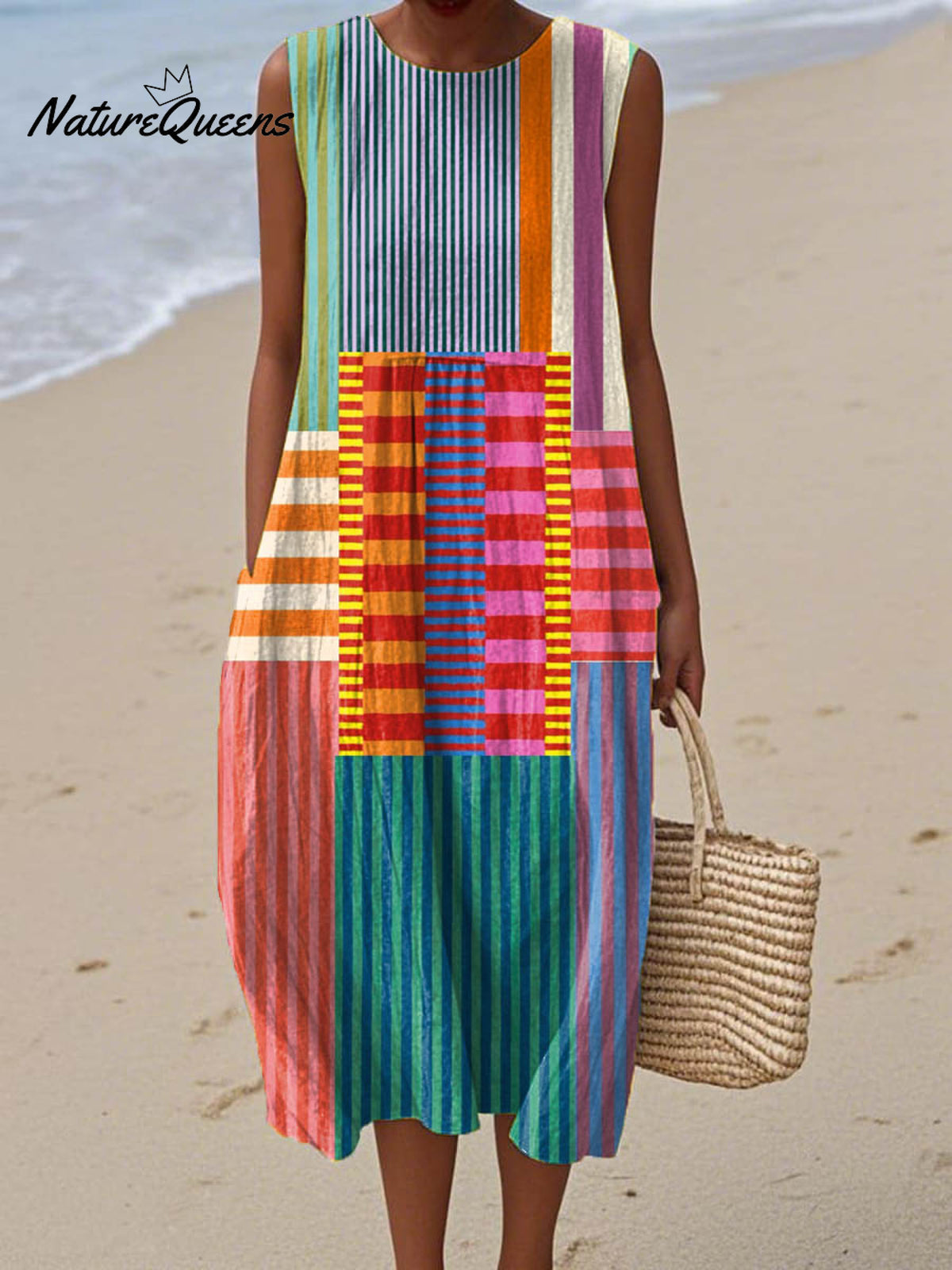 Women's Abstract Geometric Pattern Art Print Sleeveless Cotton Pocket Wrap Dress