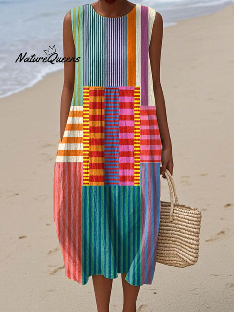 Women's Abstract Geometric Pattern Art Print Sleeveless Cotton Pocket Wrap Dress