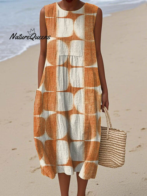 Women's Abstract Geometric Pattern Art Print Sleeveless Cotton Pocket Wrap Dress