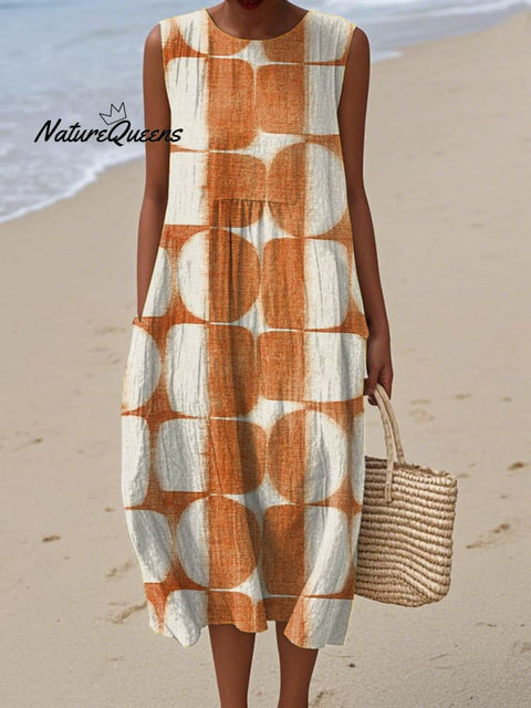 Women's Abstract Geometric Pattern Art Print Sleeveless Cotton Pocket Wrap Dress