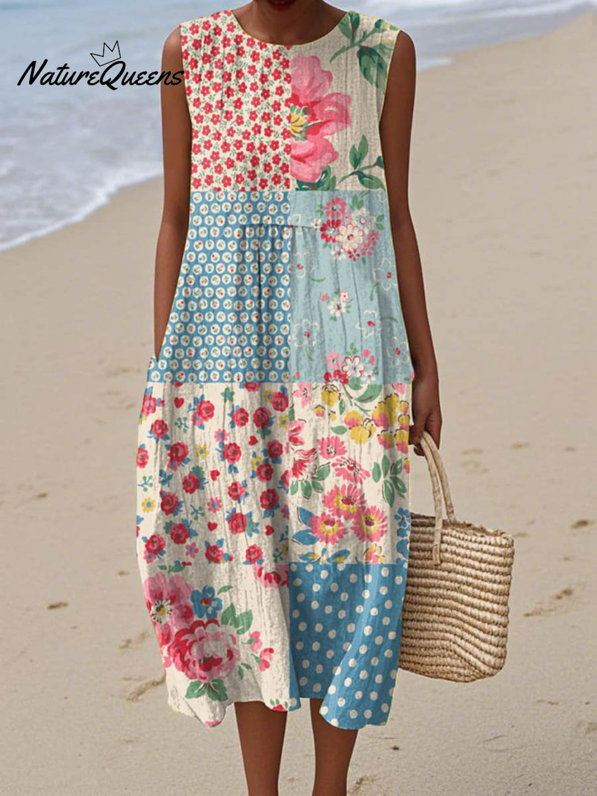 Women's Vintage Floral Pattern Art Print Sleeveless Cotton Pocket Wrap Dress