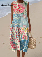 Women's Vintage Floral Pattern Art Print Sleeveless Cotton Pocket Wrap Dress