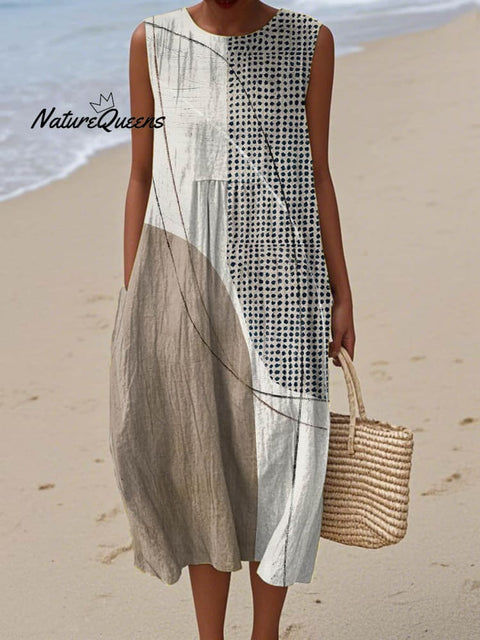 Women's Abstract Geometric Pattern Art Print Sleeveless Cotton Pocket Wrap Dress